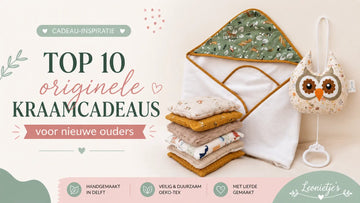 Originele handgemaakte kraamcadeaus van Leonietje’s, waaronder een badcape, sensorische speelzakjes en muziekhanger voor baby’s.