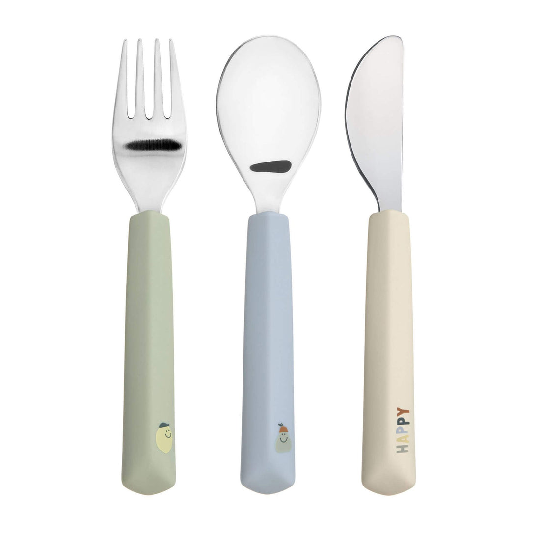 Lässig kinderbestek Happy Fruits Lemon – 3-delige set met lepel, vork en mes met geel siliconen handvat