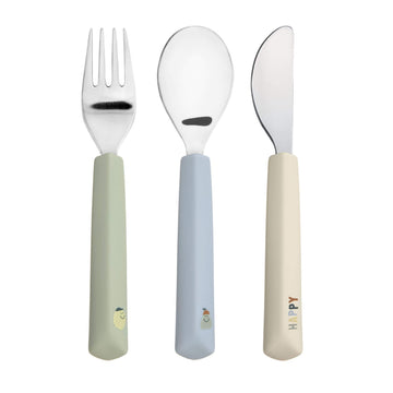 Lässig kinderbestek Happy Fruits Lemon – 3-delige set met lepel, vork en mes met geel siliconen handvat
