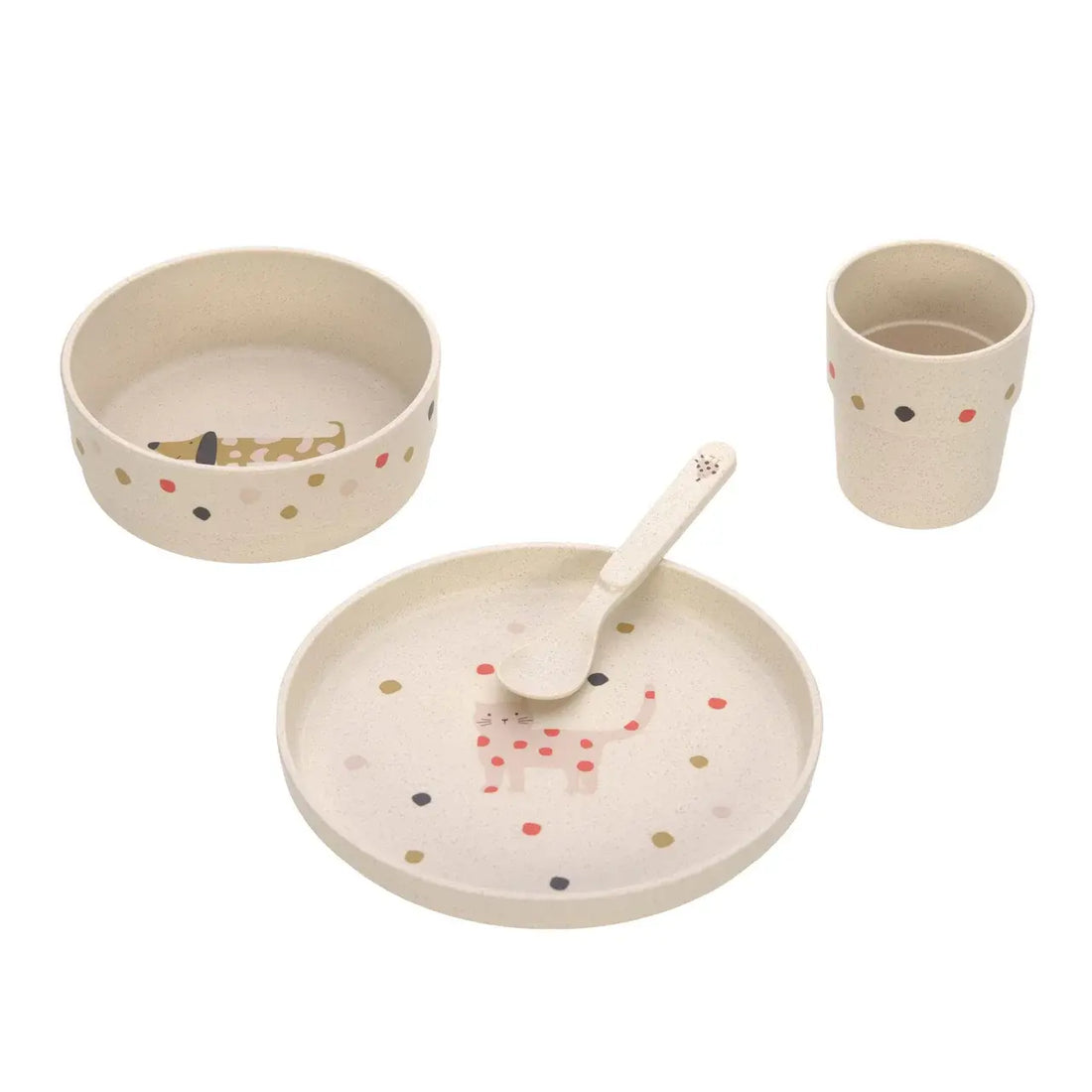 Lässig kinderservies Little Mateys Spicy Orange – 4-delige set met bord, kom, beker en lepel met huisdieren