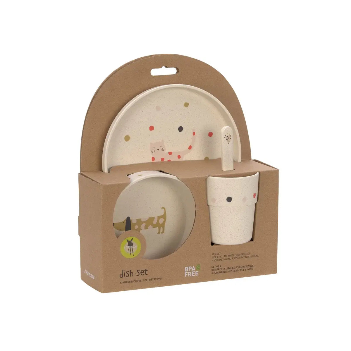 Lässig kinderservies Little Mateys Spicy Orange – 4-delige set met bord, kom, beker en lepel met huisdieren. Verpakking