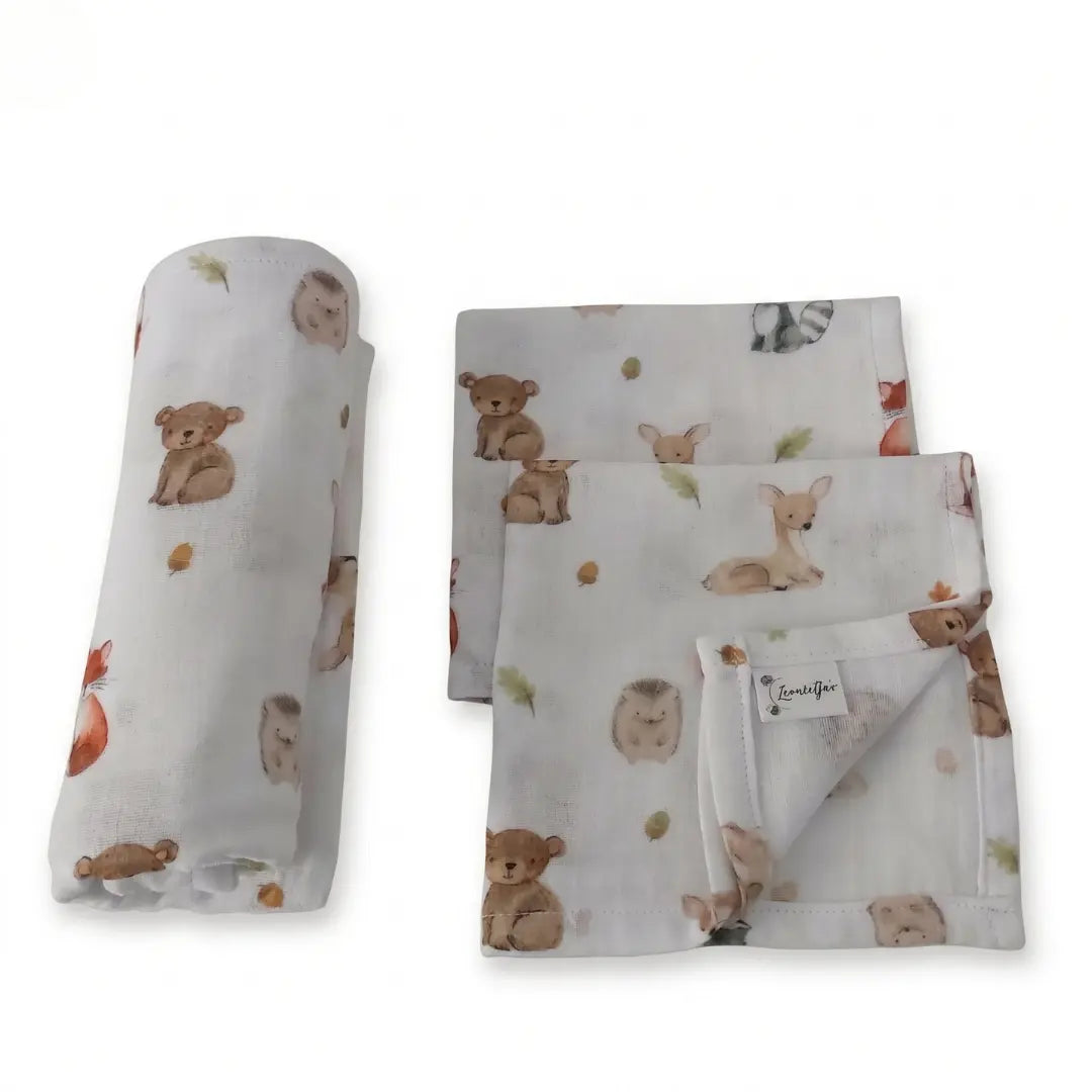 Dubbele hydrofiel doek bosdieren print 70x75 cm — 100% katoen, superzacht & veelzijdig voor baby