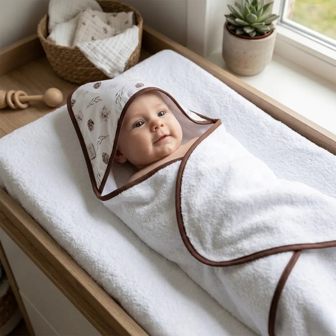 gepersonaliseerde badcape baby met naam dennenappels print bruin