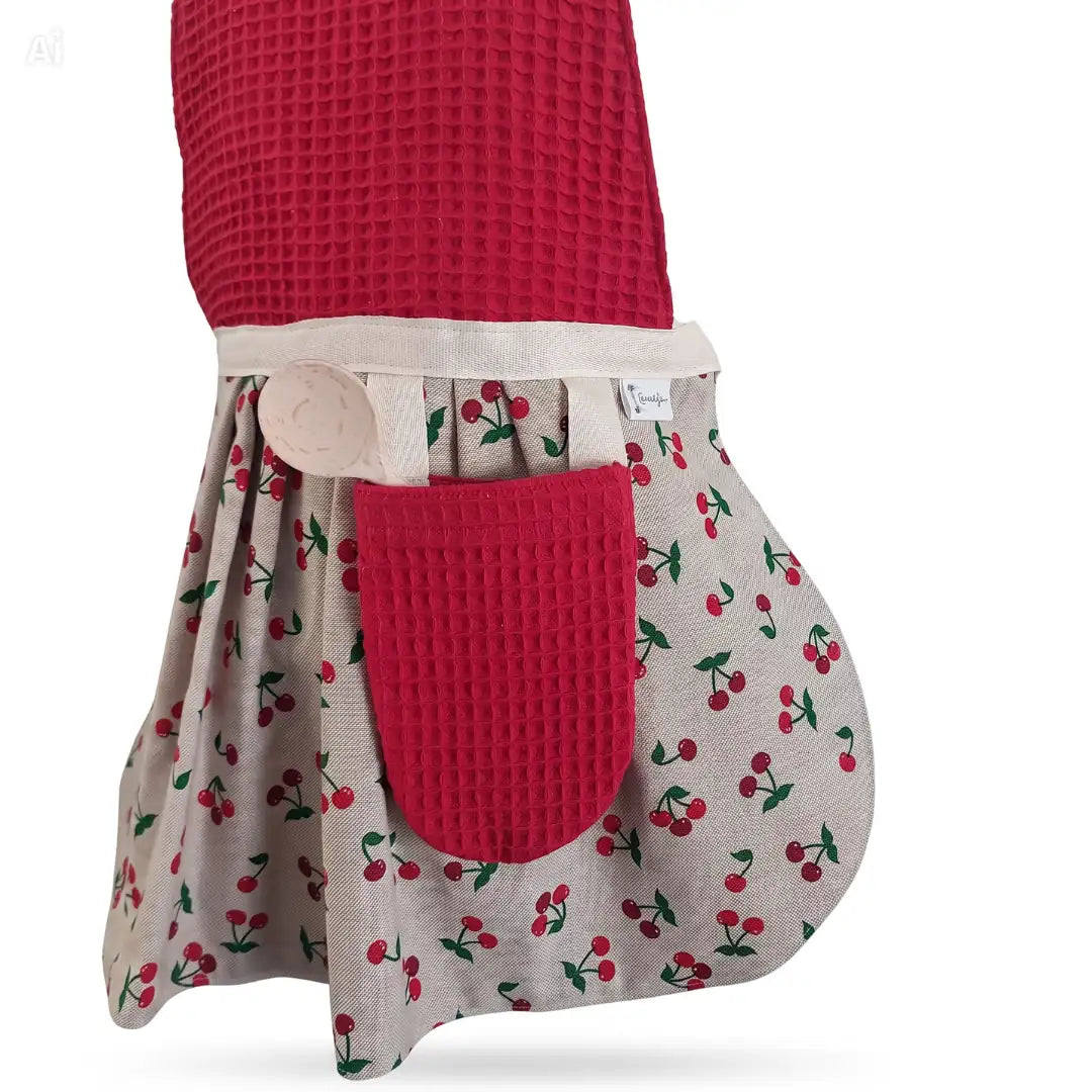  Detail lepelzakje met houten lepel kinderschortje wafel rood kersenprint rok