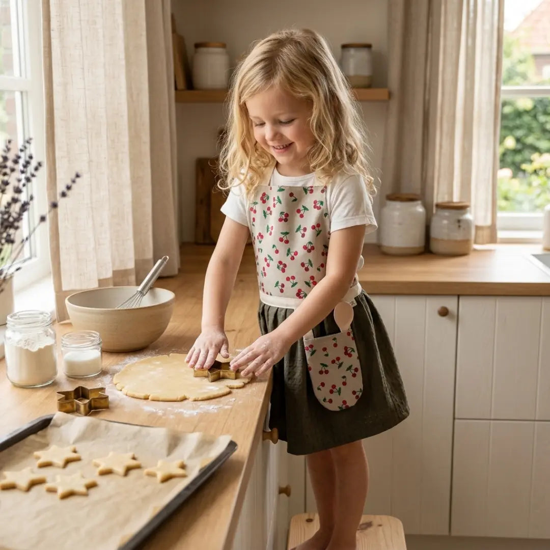 Kinderschortje kersenprint wafel donkergroen rok voorkant, peuter kleuter 2-5 jaar. Meisje in een schortje van Leonietje's, koekjes aan het bakken. 