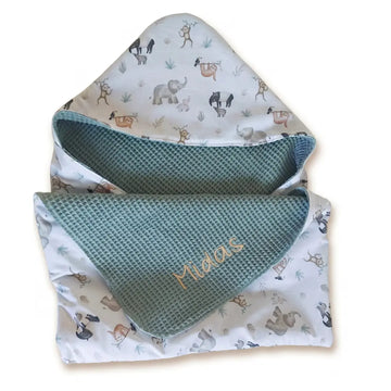 handgemaakte wikkeldoek baby met naam gepersonaliseerd Leonietjes, Jungle stofje met wafelstof