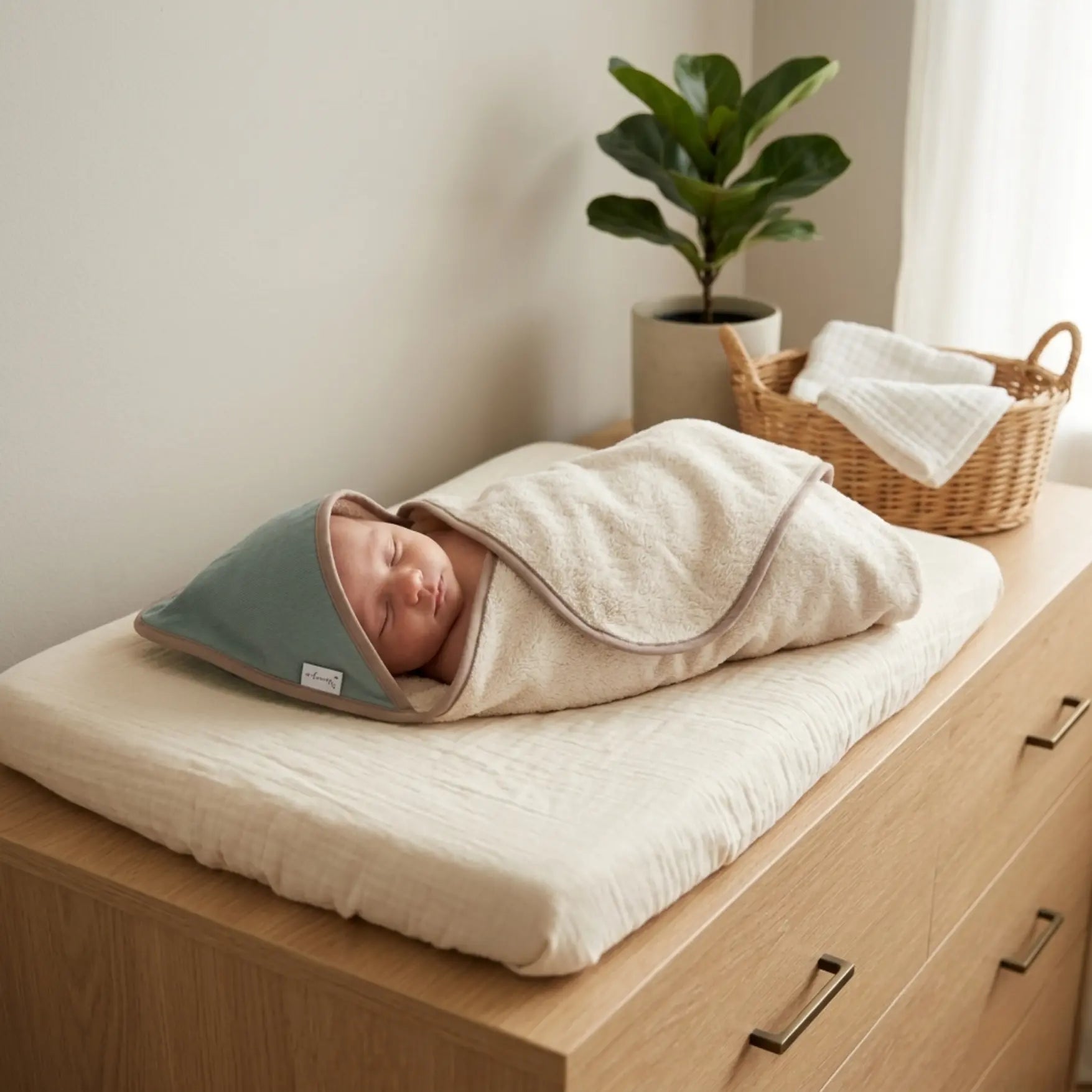Stijlvolle baby badcape zeegroen ribstof zand crème, gepersonaliseerd kraamcadeau Leonietje's