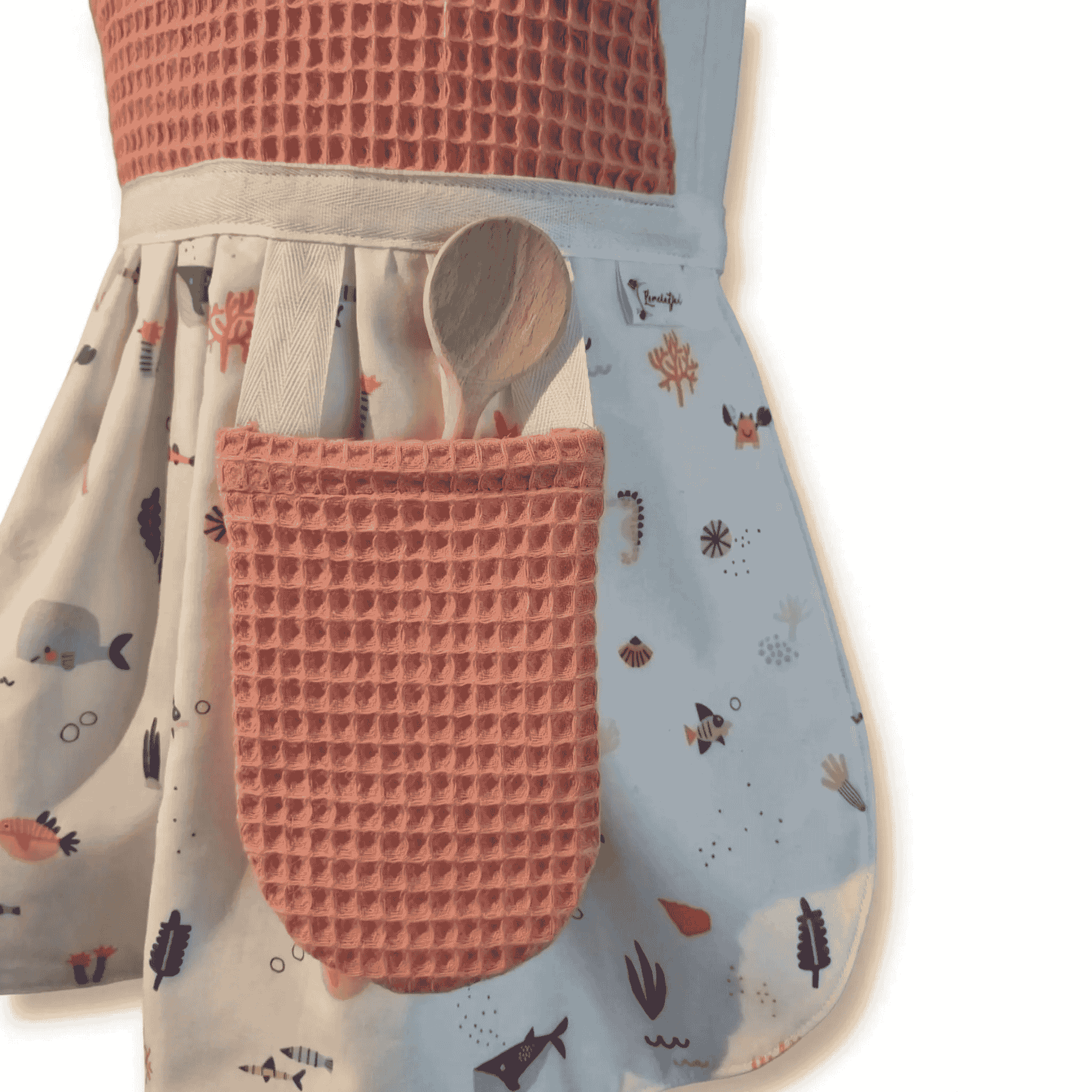 Vrolijk kinderschortje meisje zalm wafelstof oceaan visjes rok peuter kleuter 2-5 jaar