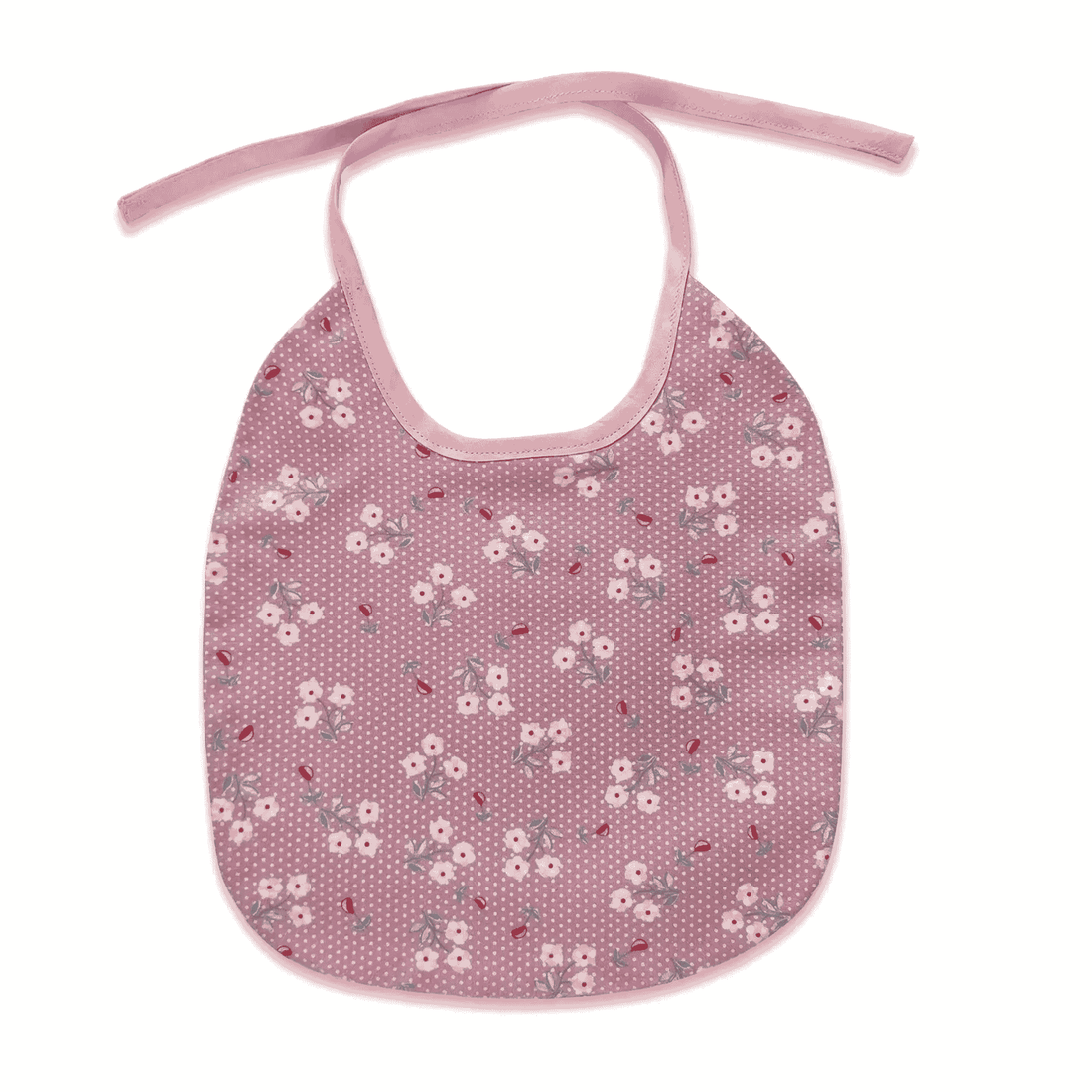 Schattig baby slabbetje bloemen en stippen motief met vintage groen biaisband, bovenaanzicht