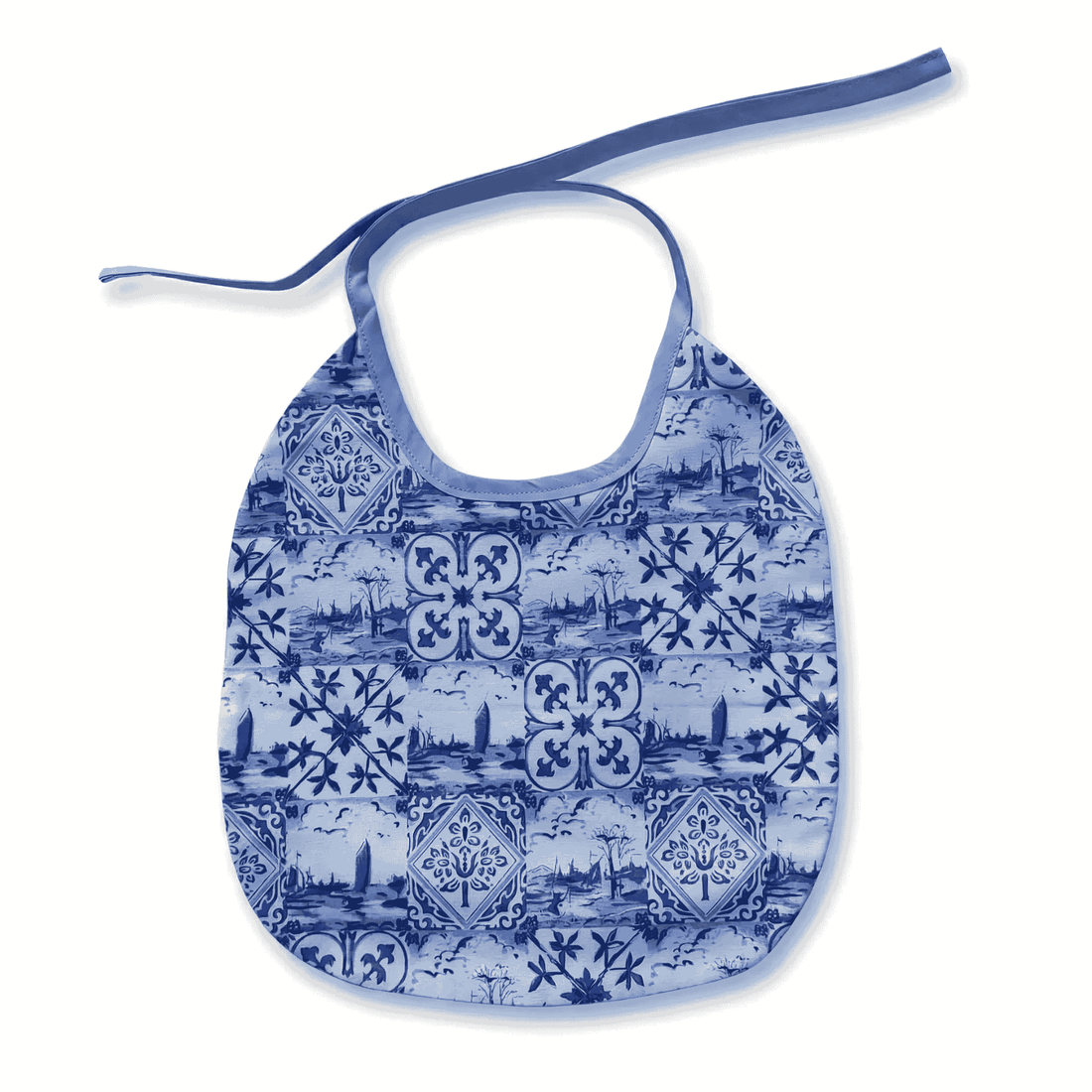 Hollands baby slabbetje Delfts blauw motief met lichtblauw biaisband, bovenaanzicht