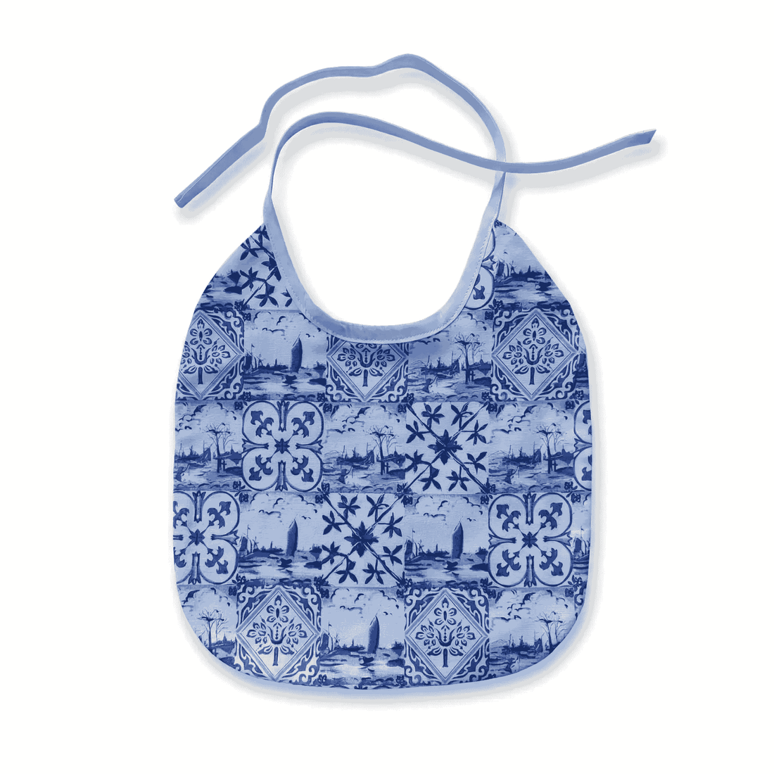 Hollands baby slabbetje Delfts blauw motief met lichtblauw biaisband, bovenaanzicht