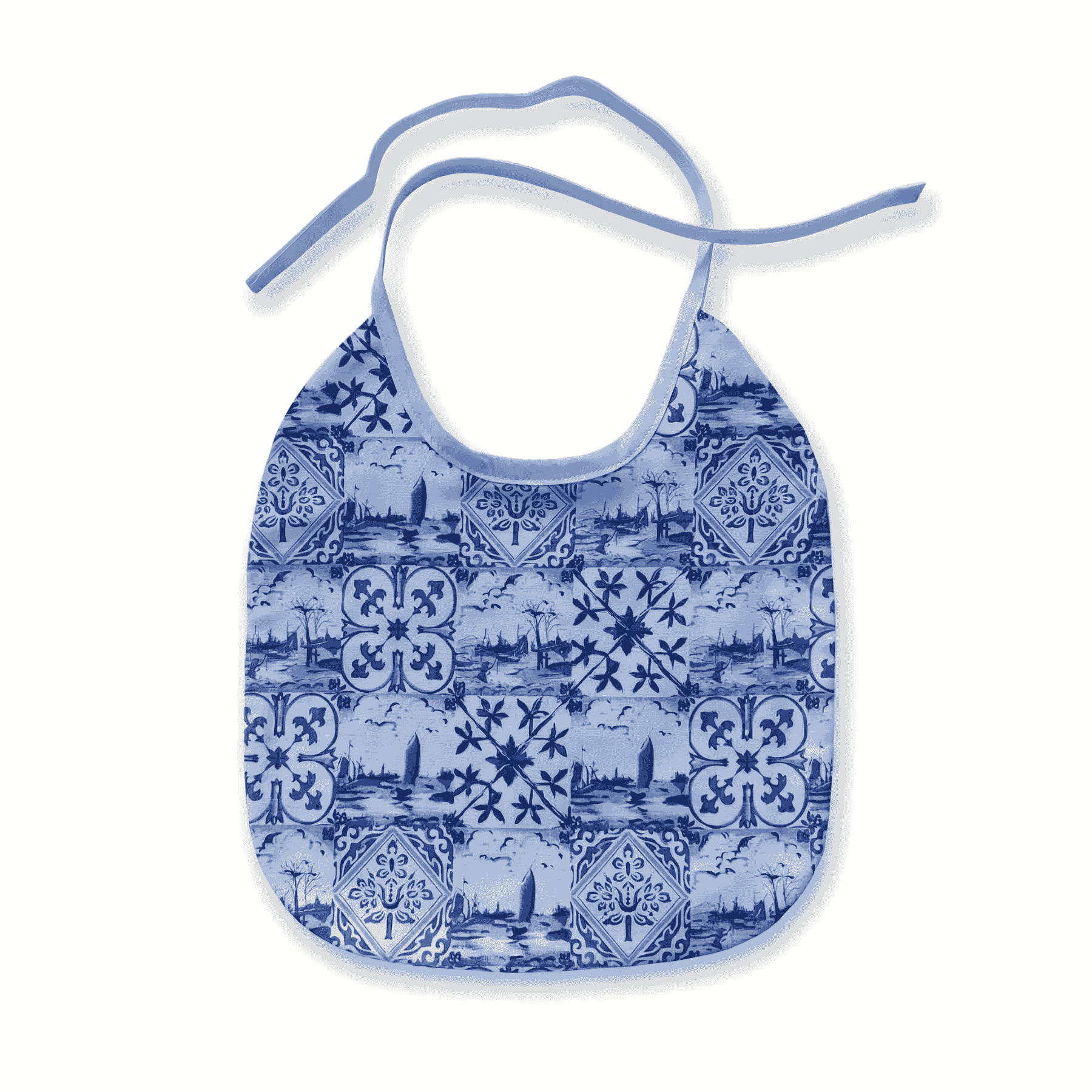 Handgemaakt slabbetje Delfts blauw print blauw wit met witte biaisband — Leonietje's