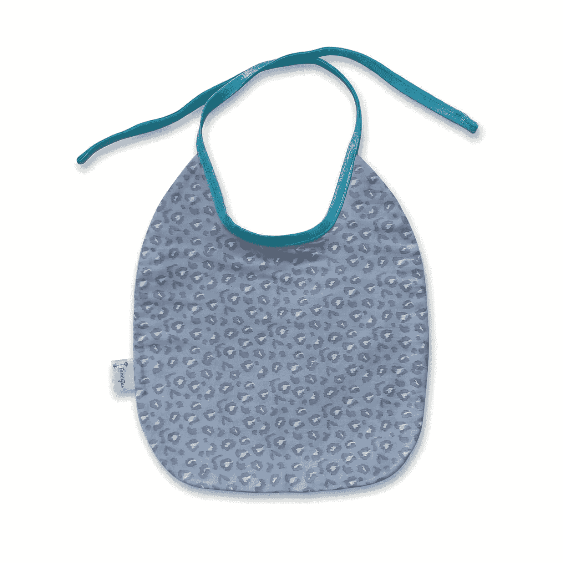 Slabbetje panter motief grijs met turquoise glitter biaisband, OEKO-TEX gecertificeerd
