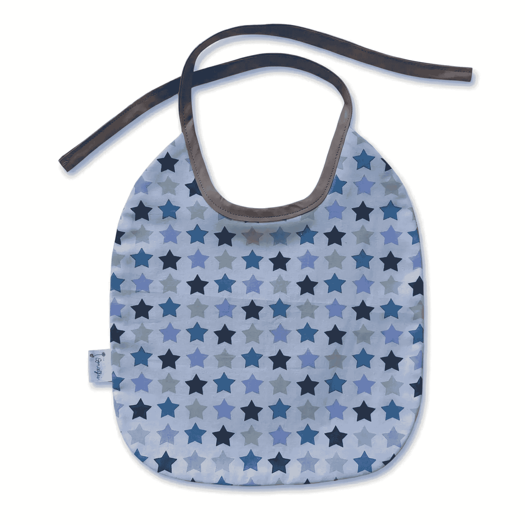 Stoer unisex baby slabbetje sterrenprint met zandkleurig biaisband, bovenaanzicht