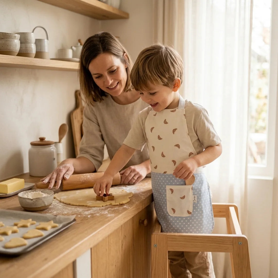 Handgemaakt kinderschortje met croissantprint en lichtblauw hartjes onderstuk van Leonietje's – 100% OEKO-TEX katoen voor kinderen van 2 tot 5 jaar. Jongen samen met moeder koekjes bakken. 
