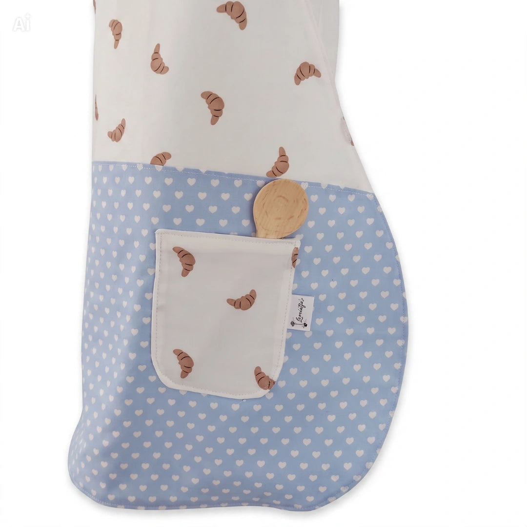 Handgemaakt kinderschortje met croissantprint en lichtblauw hartjes onderstuk van Leonietje's – 100% OEKO-TEX katoen, detail zakje met pollepel
