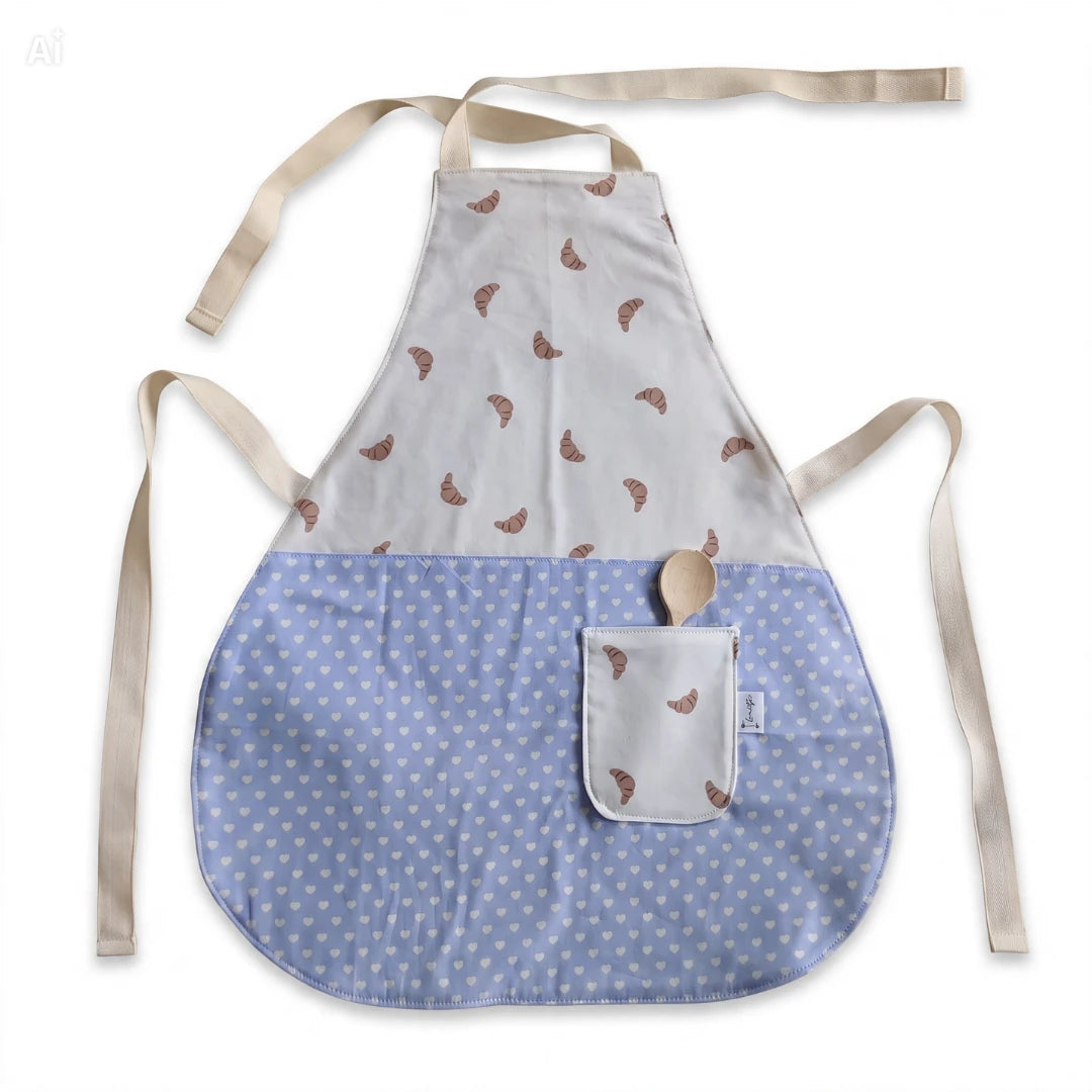 Handgemaakt kinderschortje met croissantprint en lichtblauw hartjes onderstuk van Leonietje's – 100% OEKO-TEX katoen 