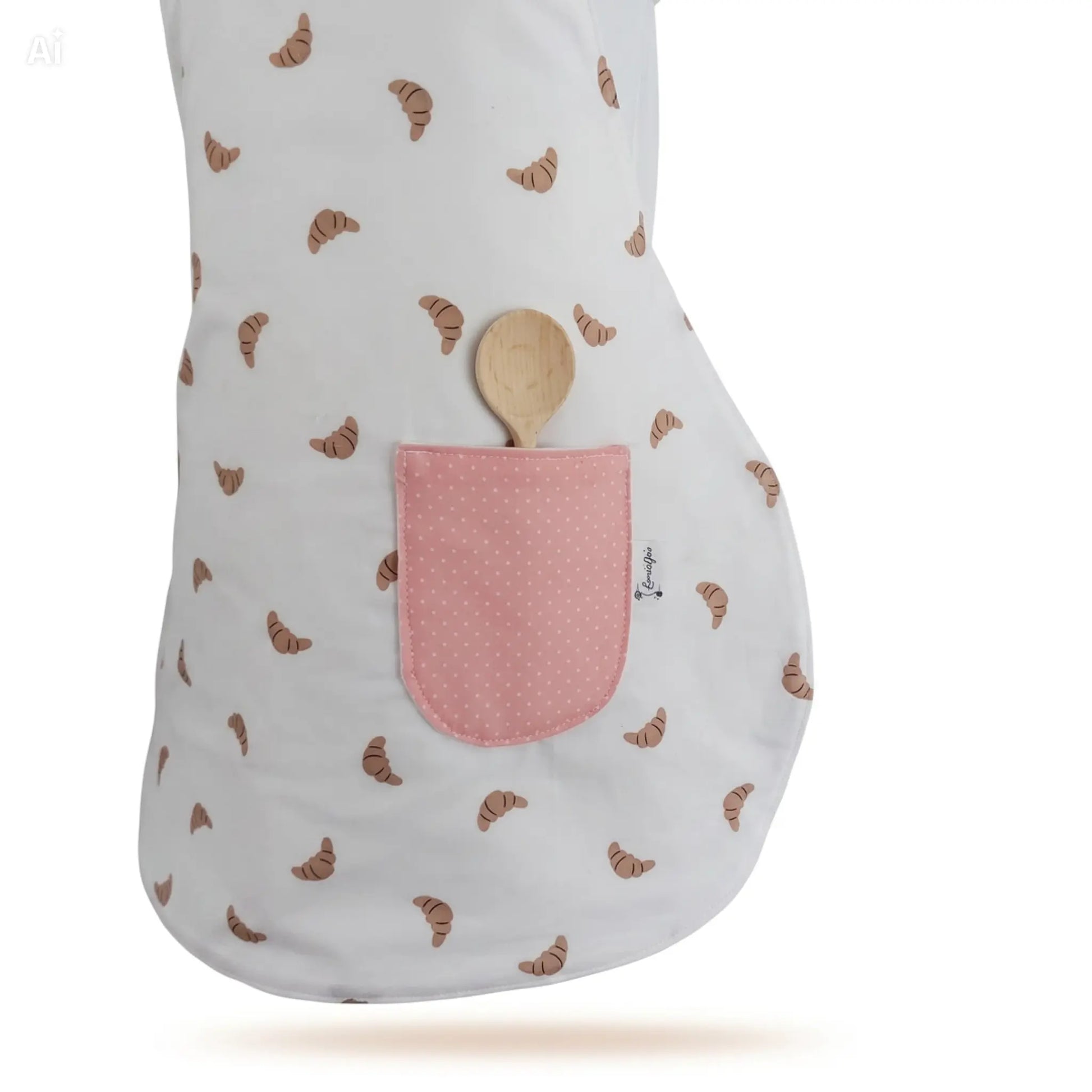 Handgemaakt kinderschortje met croissantprint van Leonietje's – 100% OEKO-TEX katoen voor kinderen van 2 tot 5 jaar, geleverd met pollepel
