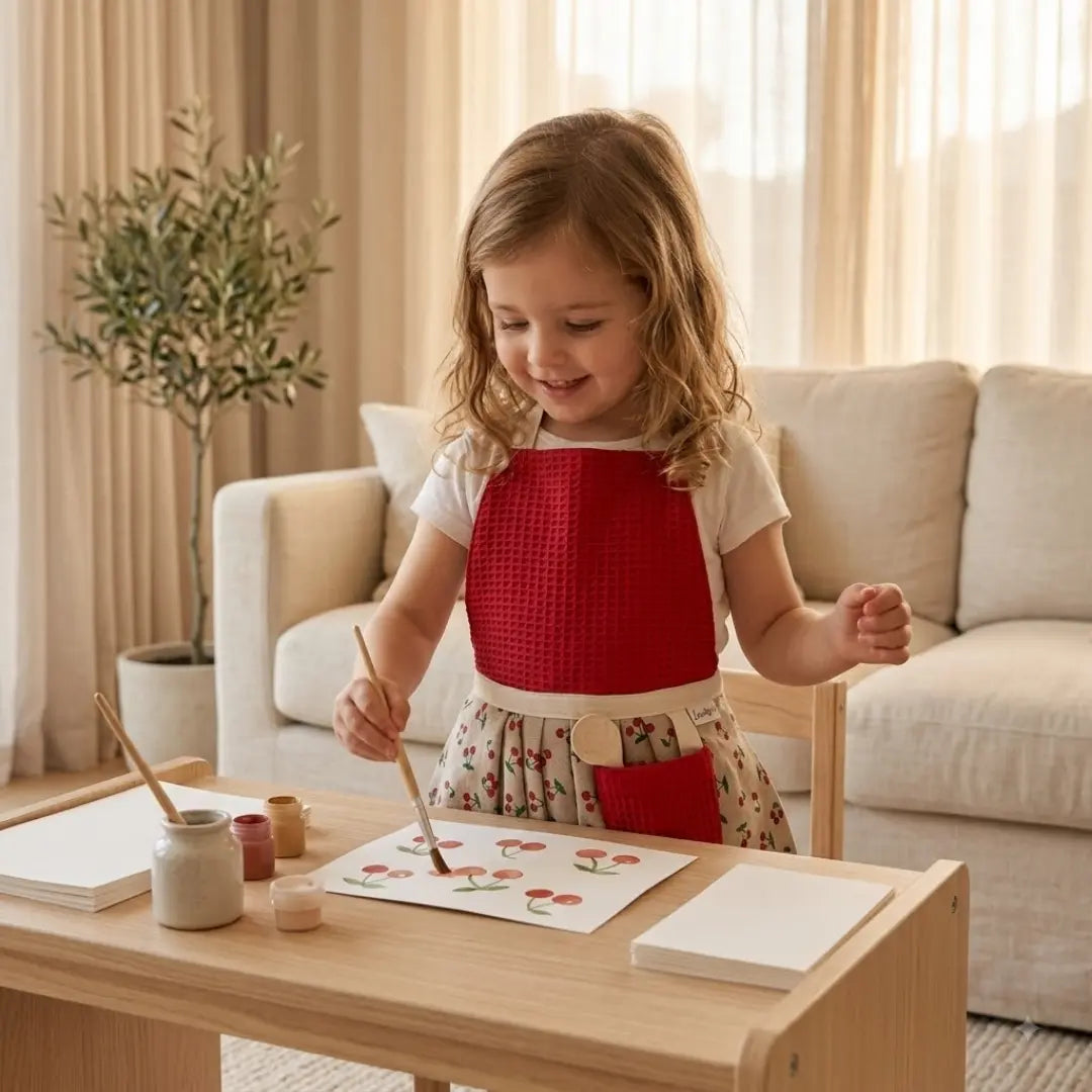Kinderschortje bordeaux kersenprint rok voorkant, peuter kleuter 2-5 jaar. Handgemaakt door Leonietje's, meisje aan knutselen met een schortje aan. 