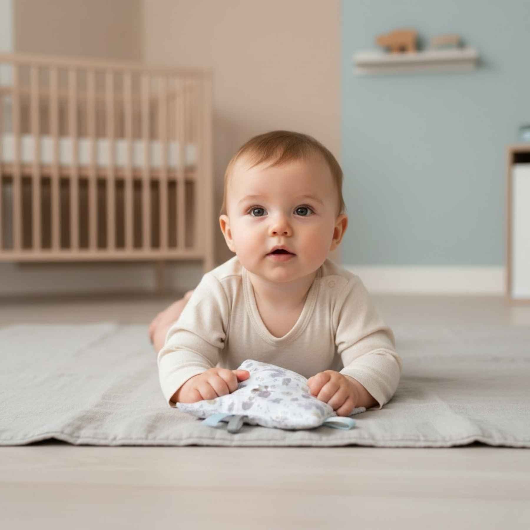 Knisperdoekje Ridder blauw van Leonietje’s met labeltjes en zachte badstof. Baby houdt het knisperdoekje vast tijdens tummytime
