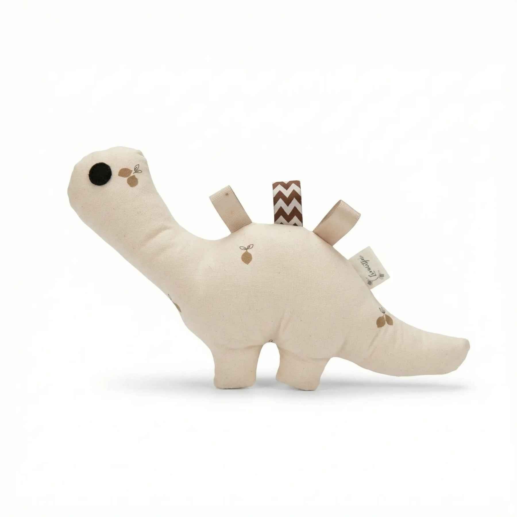 Dino knuffel-rammelaar van Leonietje’s met citroentjesprint, handgemaakt van zachte katoen, perfect voor kleine babyhandjes en als uniek kraamcadeau