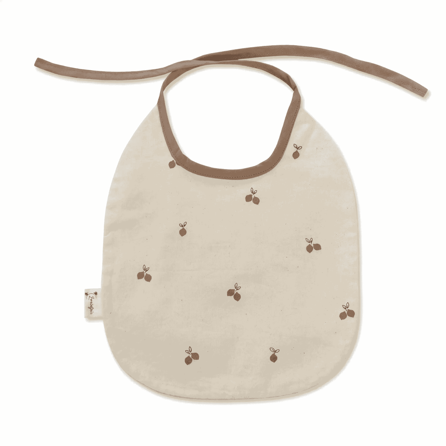 Trendy baby slabbetje citroen motief met zandkleurig biaisband, plat neergelegd