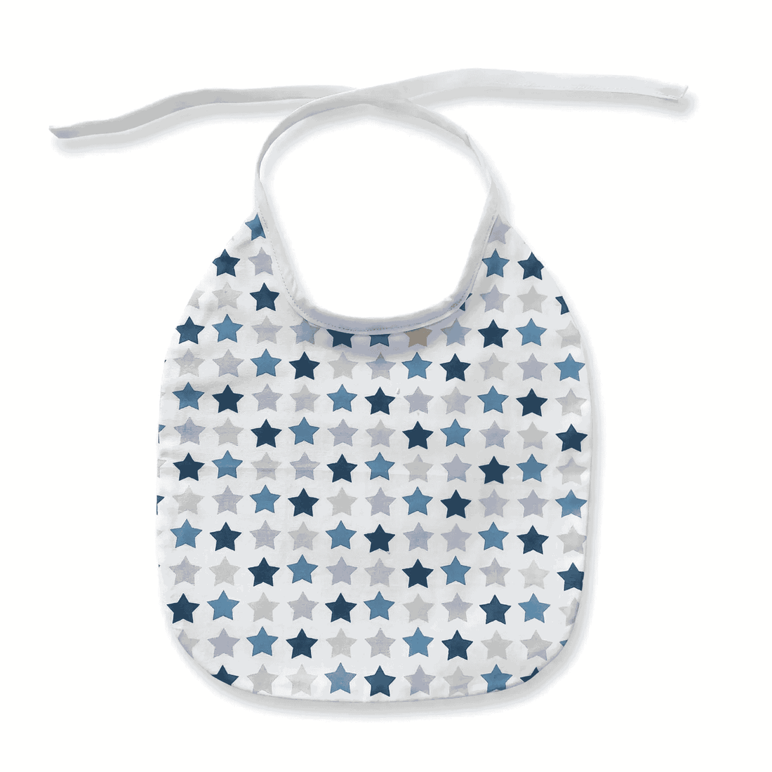Stoer unisex baby slabbetje sterrenprint met zandkleurig biaisband, bovenaanzicht