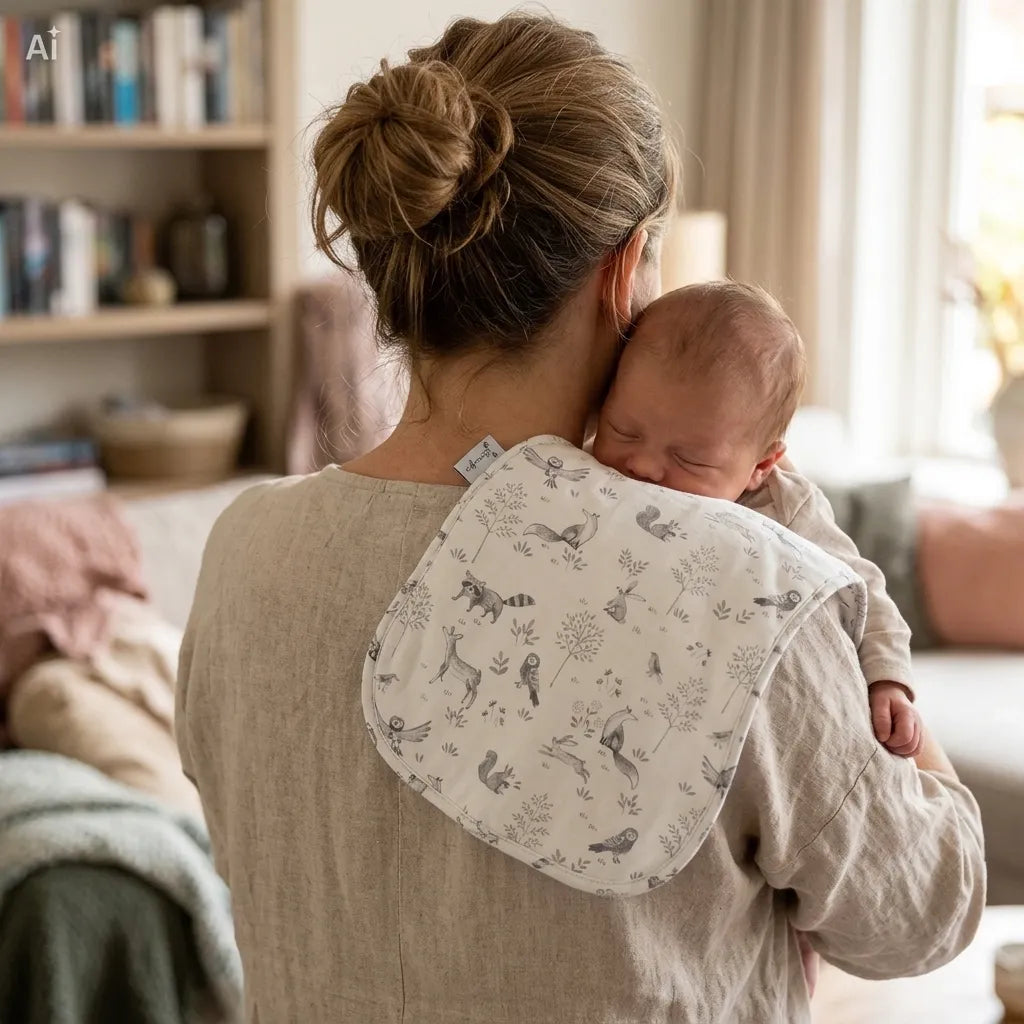 Handgemaakte spuugdoek over de schouder met bosdierenprint (vosjes, konijntjes, uiltjes, wasbeertjes), 100% katoen voorzijde en badstof achterkant, ergonomische vorm met inham voor de nek — Leonietje's
Moeder met baby. bBaby over de schouder om een boertje te laten. 