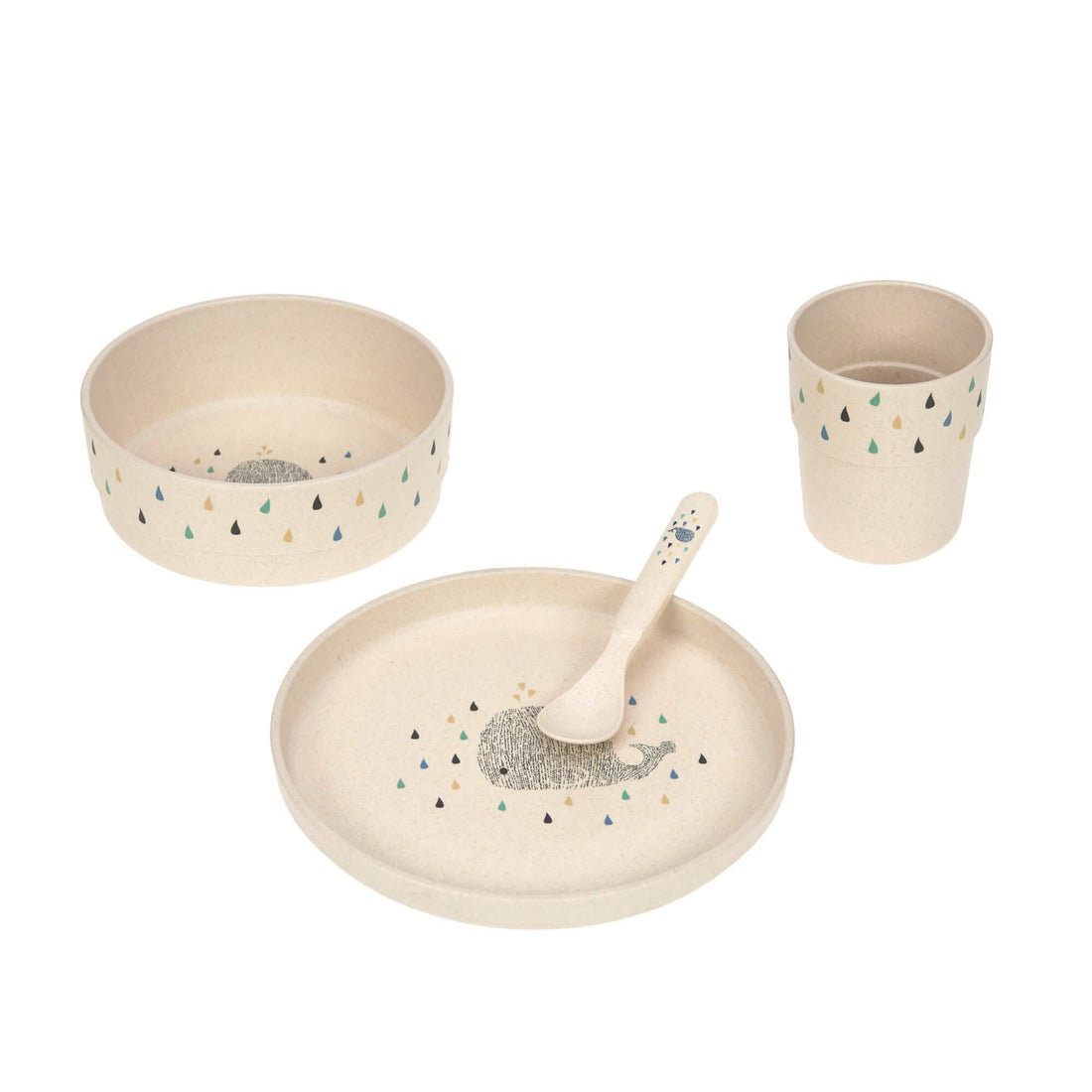erviesset Little Water Walvis Lässig – duurzaam kinderservies met bord, kom, beker en lepel. te koop bij Leonietje's