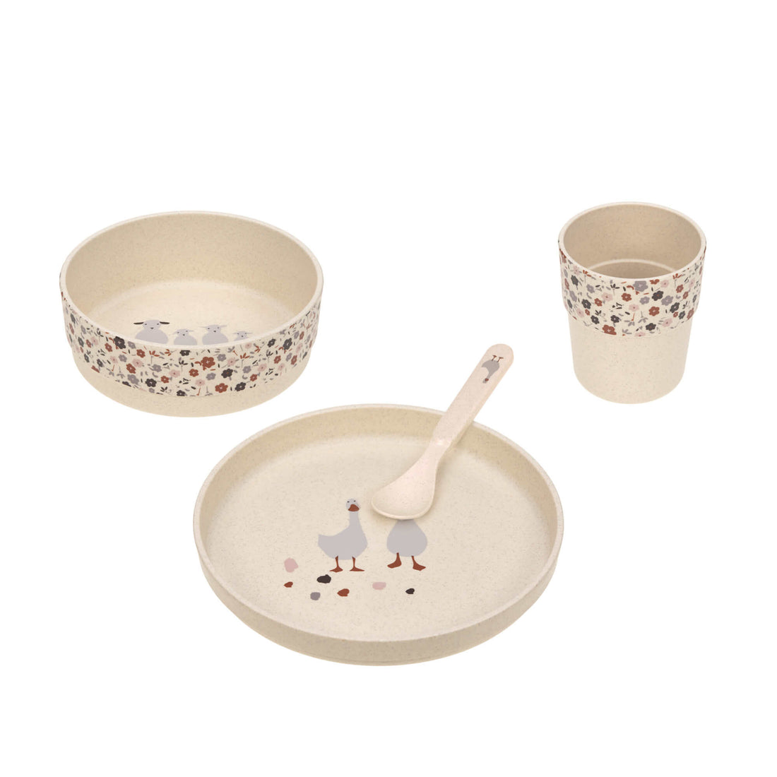 Serviesset Tiny Farmer Sheep & Goose Lässig – duurzaam kinderservies met bord, kom, beker en lepel in beige