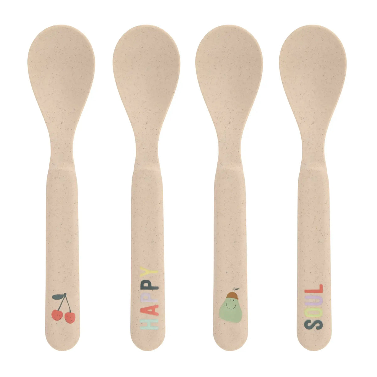 1. Lässig babylepels Happy Fruits Kersen – set van 4 lepeltjes met kersenprint
